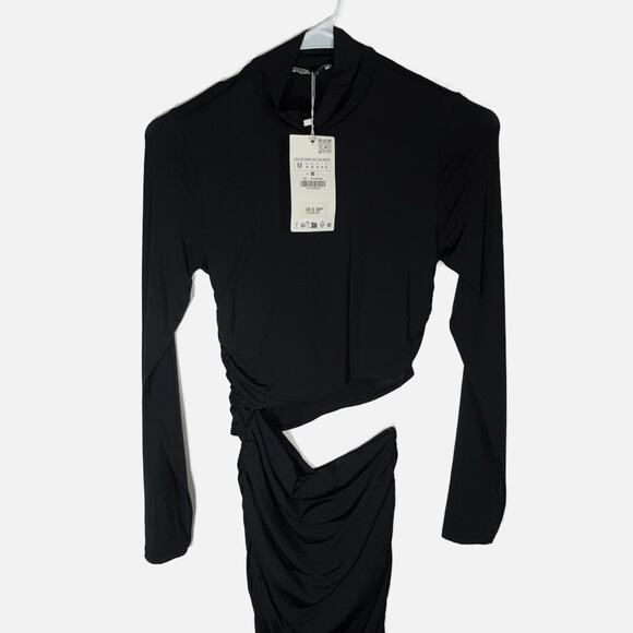 Zara NWT Black Cutout Maxi Dress Medium Long Sleeve Ruched Bodycon Modern - Picture 4 of 13